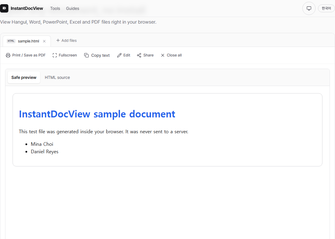 Safe HTML preview with a source-view button