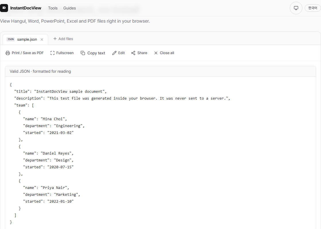 A formatted JSON file displayed in the browser