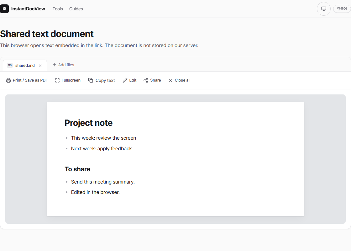 Recipient viewing a Markdown document from a share link